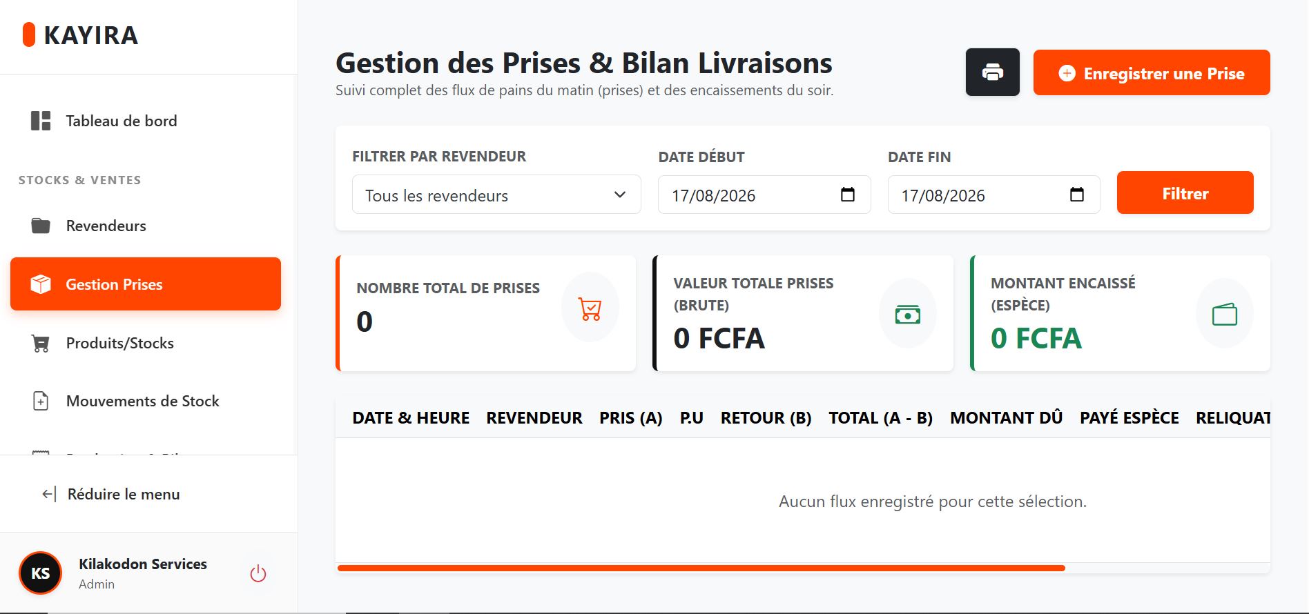 Dashboard Principale du logiciel