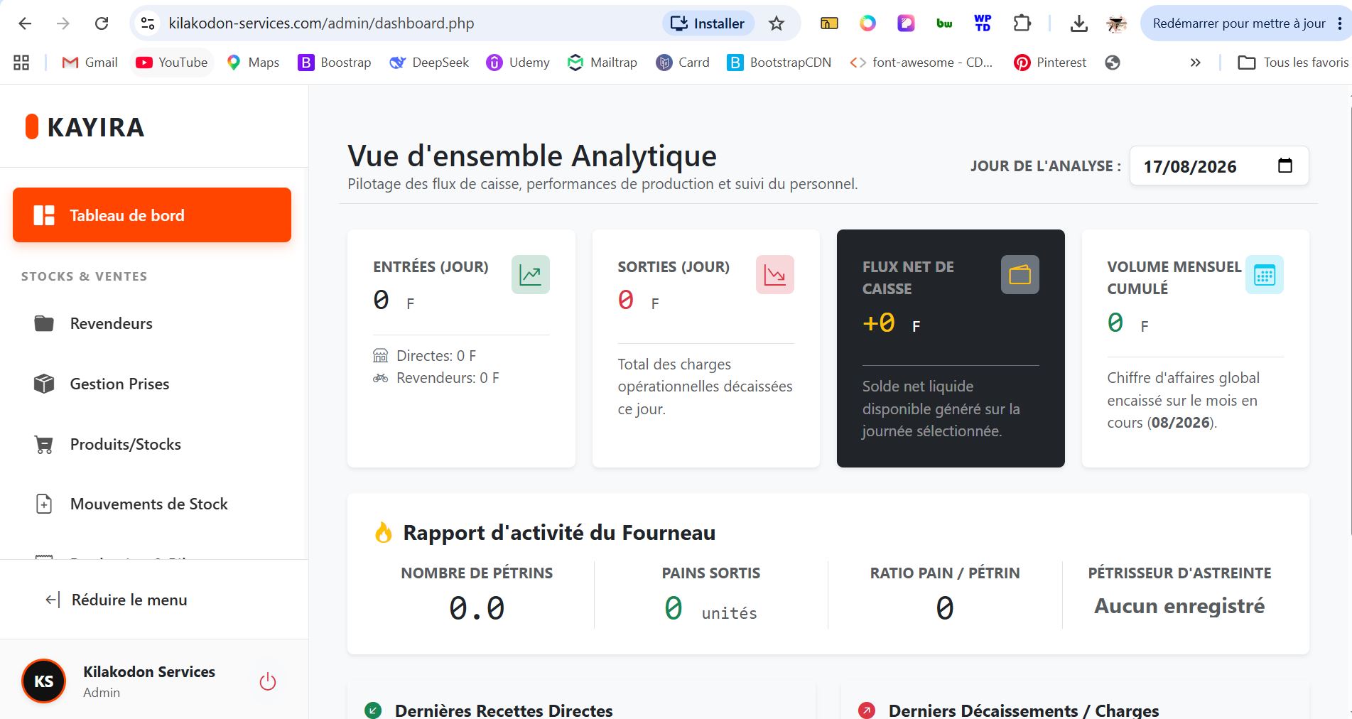 Dashboard Principale du logiciel